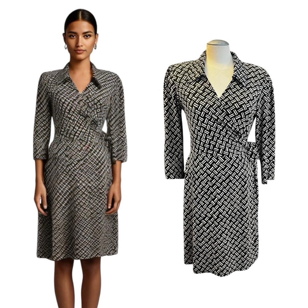 Laundry by Design Geo Dash Wrap Dress, M, Black/Tan